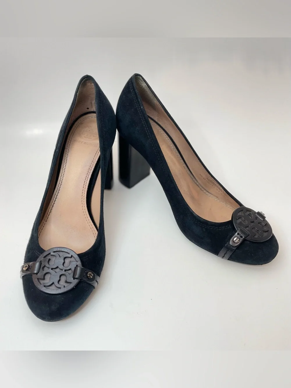 Tory Burch Mini Miller Black Suede Block-Heel Pumps with Medallion Accent
